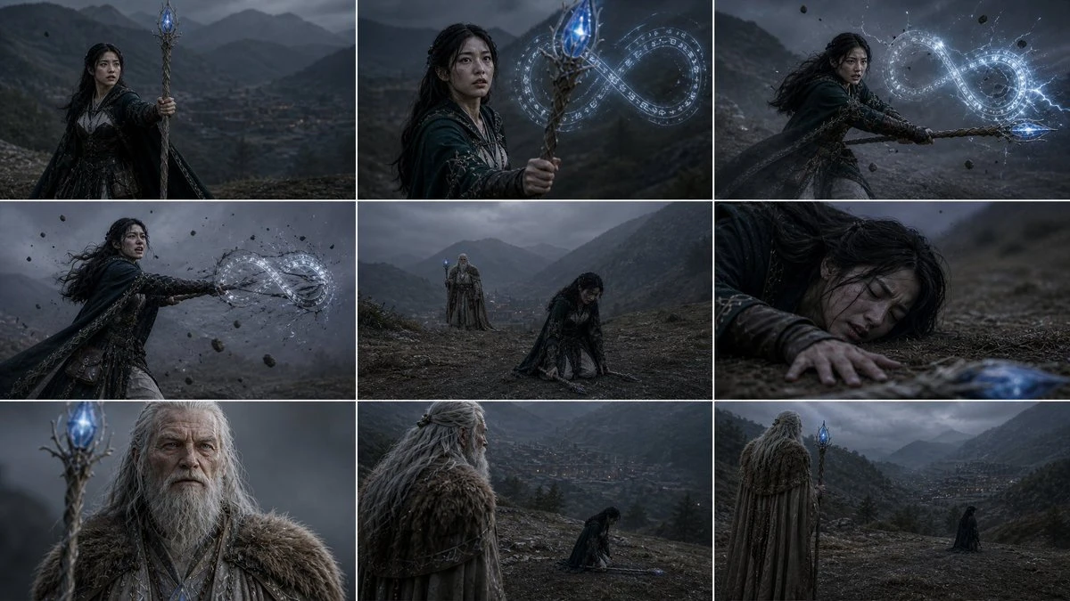 Dark fantasy sorceress storyboard grid with stormy fields, glowing blue magic and an elder mage
