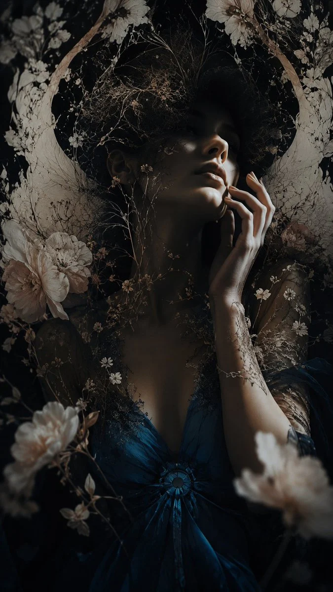 Dark Floral Chiaroscuro Portrait with social-ready composition, lifestyle framing and shareable visual storytelling