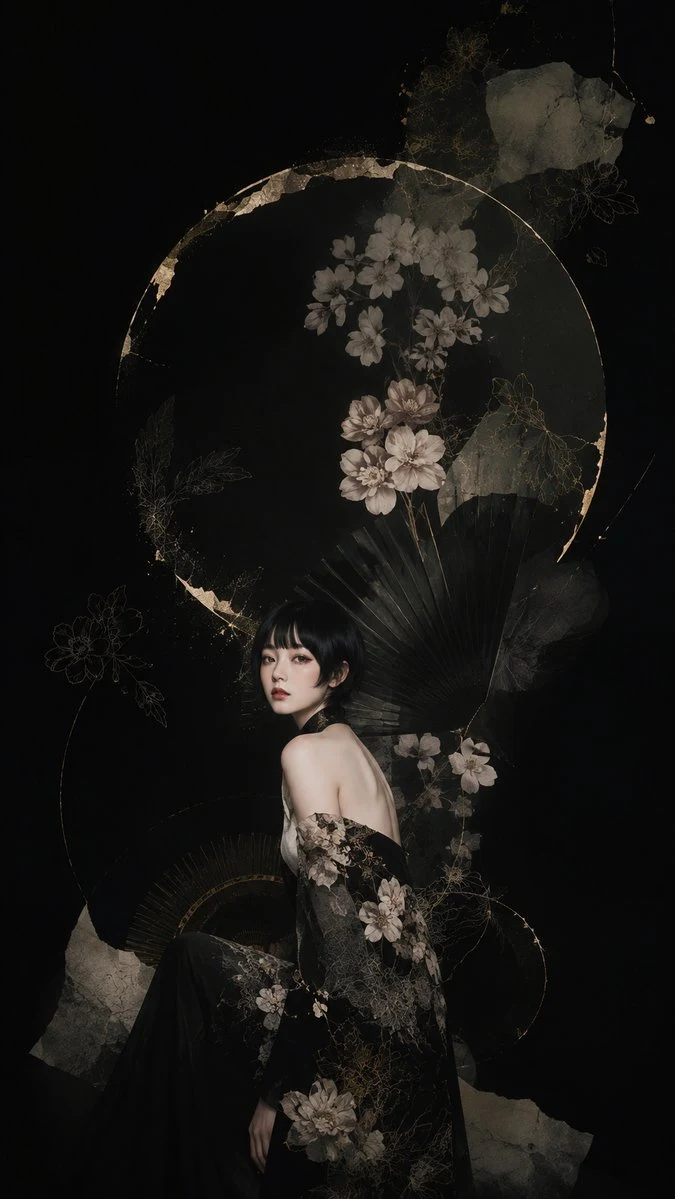 Dark Floral Kimono Portrait: social media prompt preview with platform-ready composition and clear design.
