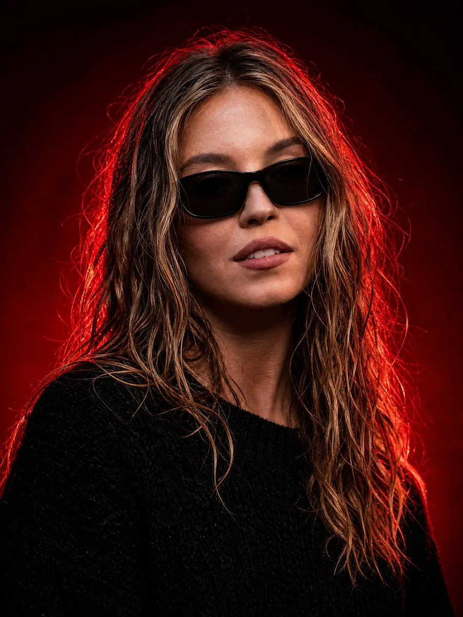 An ultra-realistic cinematic studio portrait with black styling, sunglasses, and dramatic crimson rim lighting for a powerful luxury editorial look