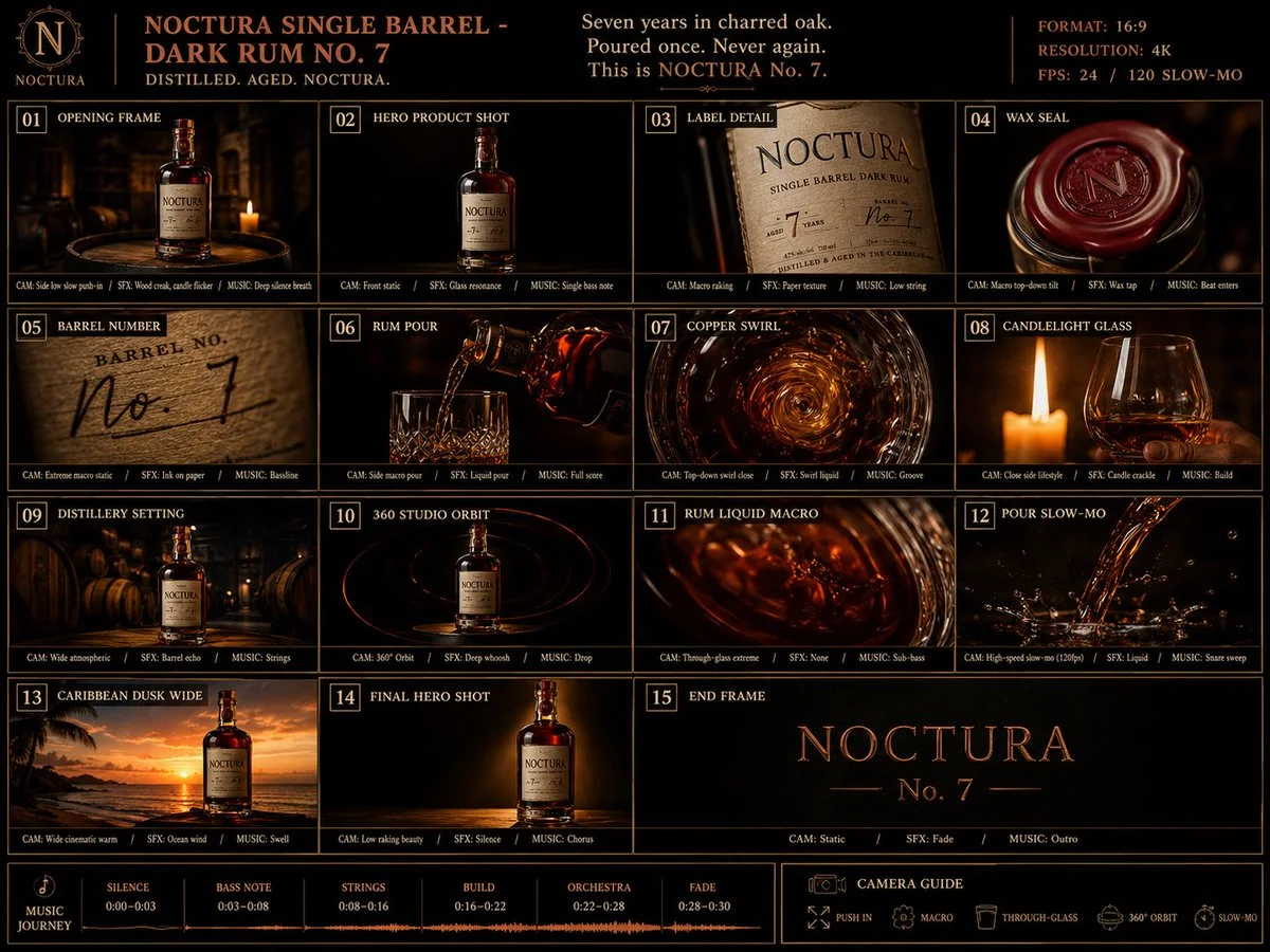 Storyboard layout for a premium dark rum commercial featuring various shots, including product details and pouring scenes, set against a deep obsidian background.