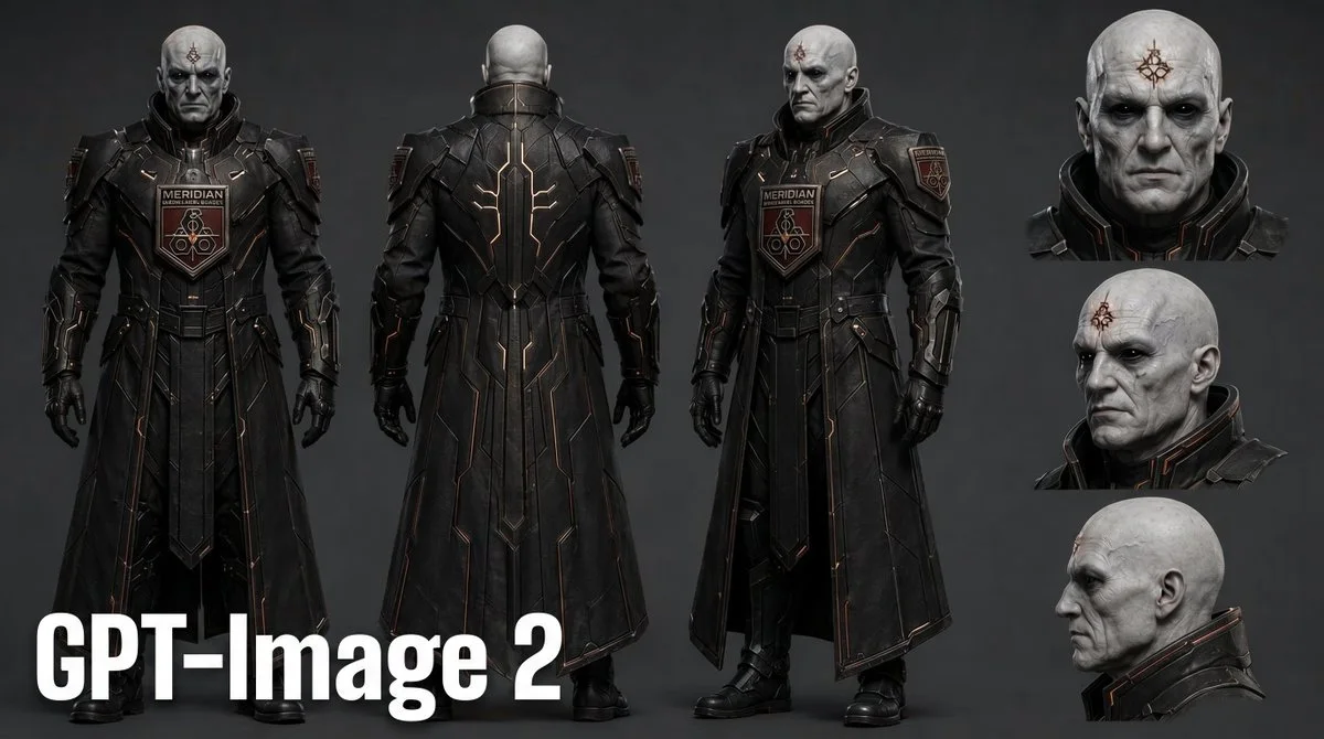 Dark near-future sci-fi commander character sheet with armored full-body turnaround views, cropped head studies, and copper circuit trim
