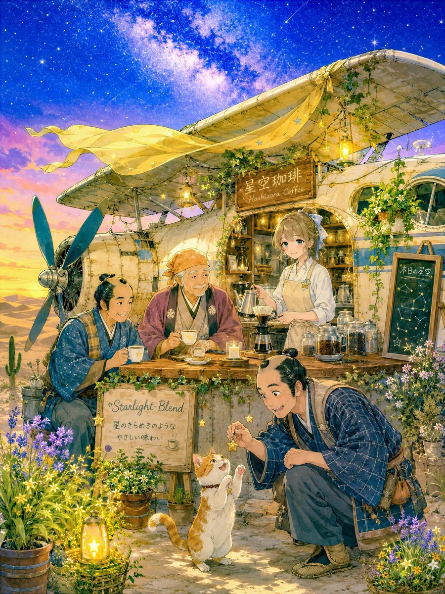 Desert Crash Cafe Fantasy Scenery with detailed character design, storyboard structure and dramatic illustration depth