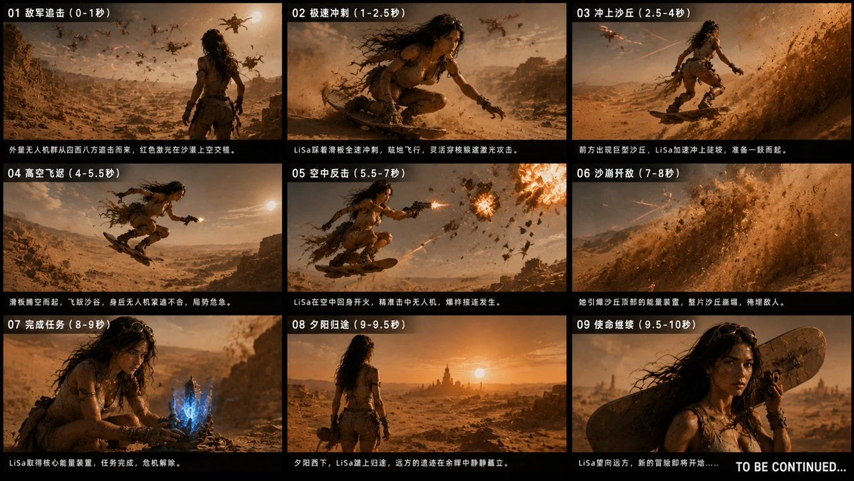 Desert Drone Chase Storyboard: storyboard preview with sequential panels and cinematic scene planning.