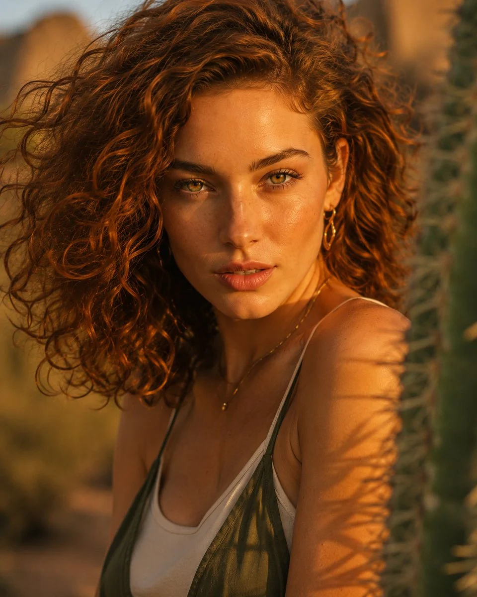 Golden hour desert editorial portrait with warm sunlight, fashion styling, and cinematic travel atmosphere