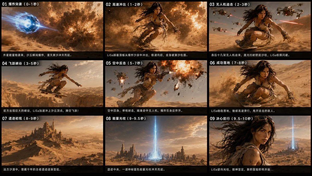 Desert Sci-Fi Action Storyboard: storyboard preview with sequential panels and cinematic scene planning.
