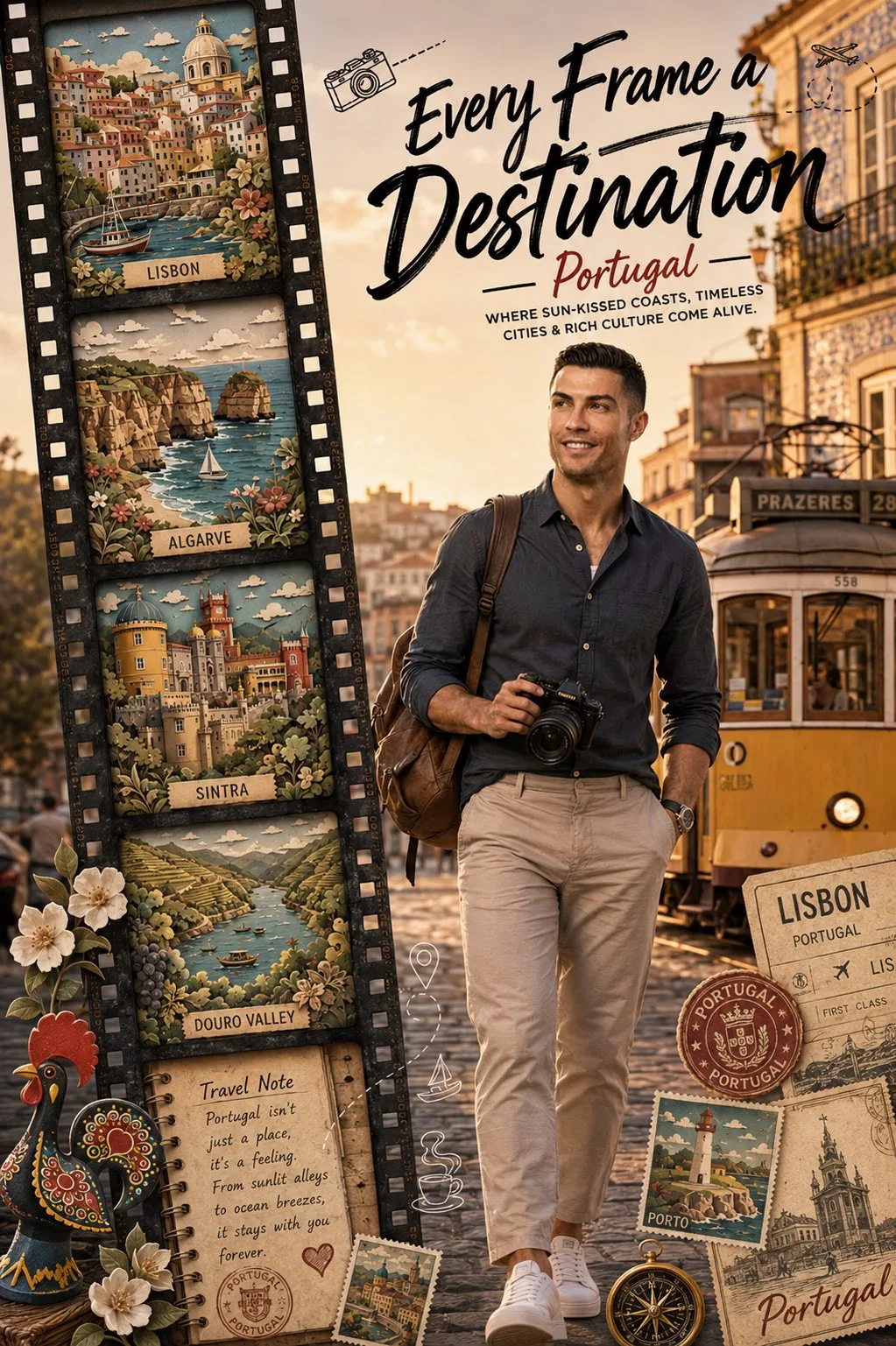 Portugal travel filmstrip poster combining landmark snapshots with a traveler holding a camera in a vintage postcard layout