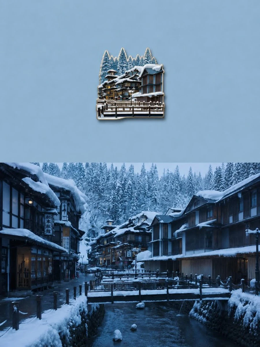 A die-cut sticker illustration features a snow-covered village scene, isolated against a soft blue background with a cream border