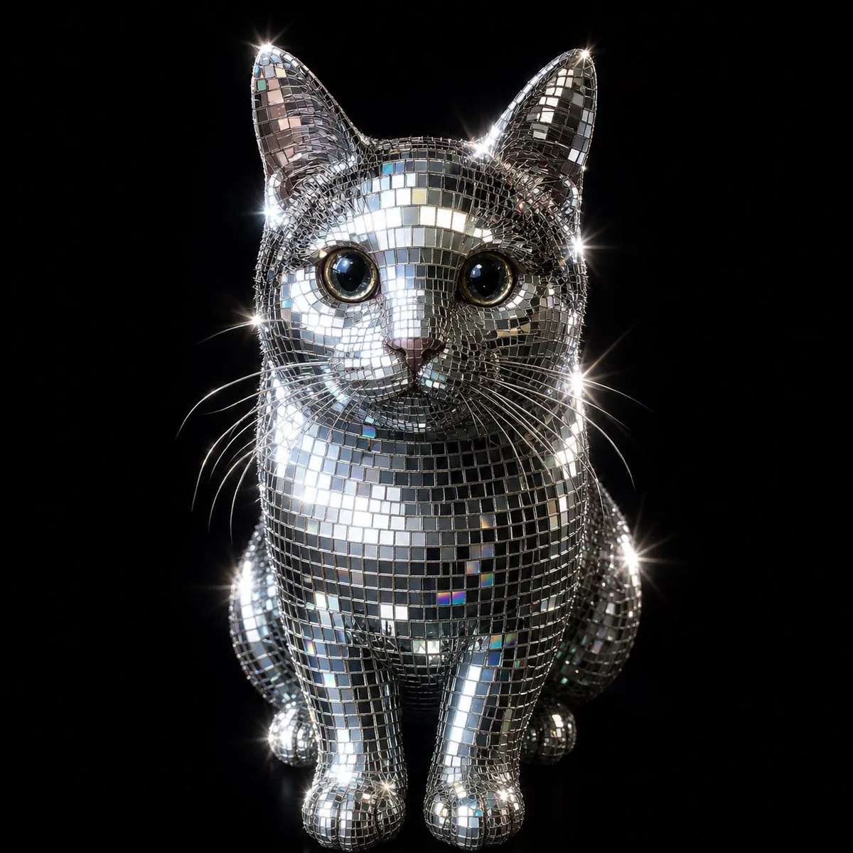 Mirror-ball cat sculpture sparkles in a dark studio with tiny reflective tiles and bright star-like highlights