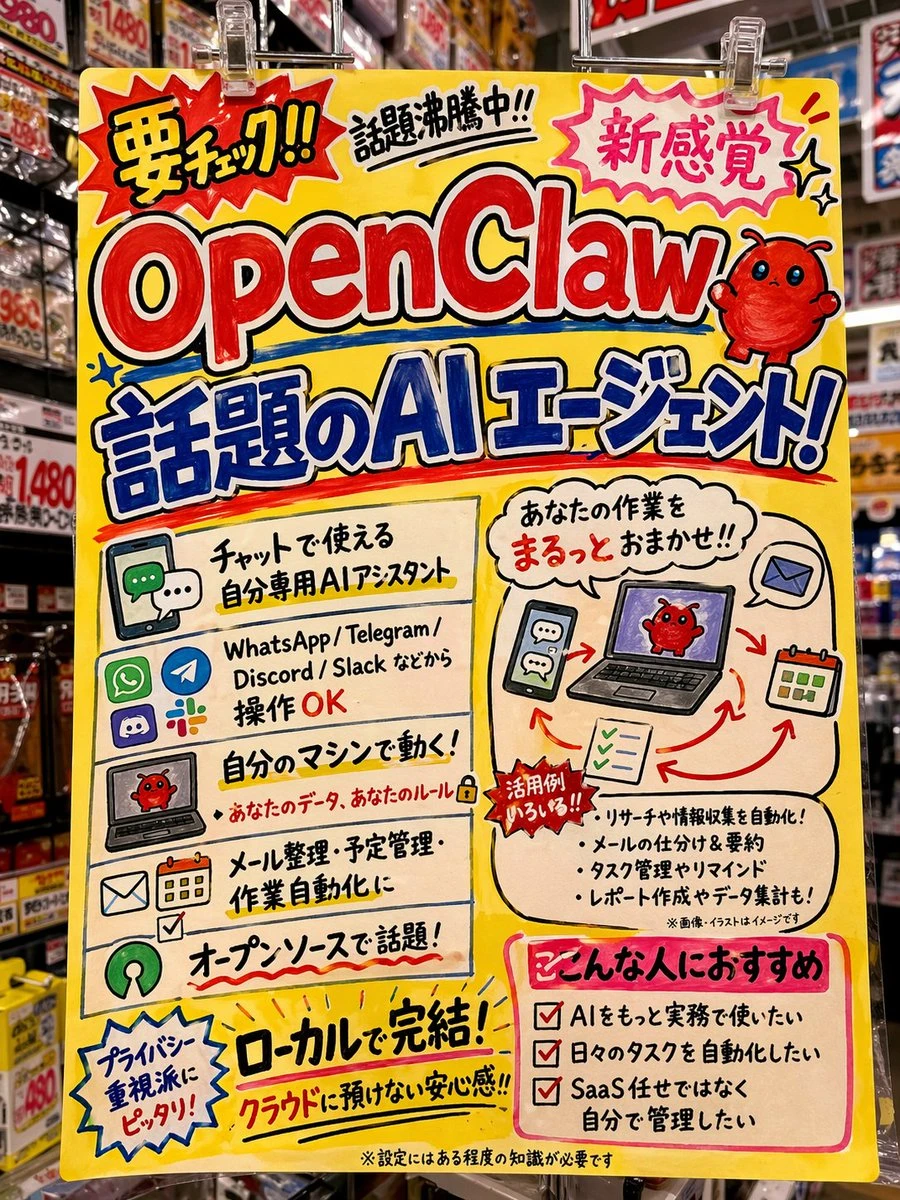 OpenClaw promotional poster with colorful text about AI assistant features and communication platforms.