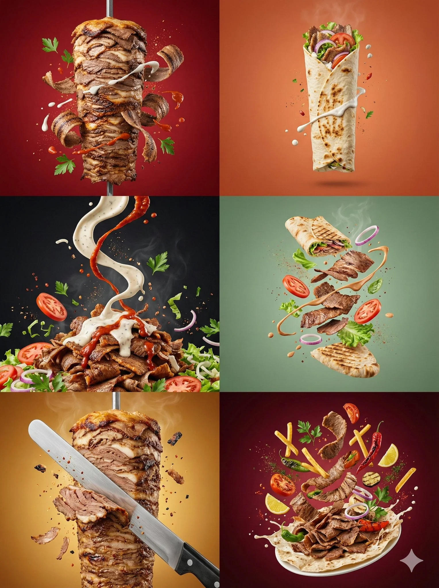 GPT Image 2 prompt example showing a six-panel commercial food photography set with doner wraps, sauce pours, and floating ingredients