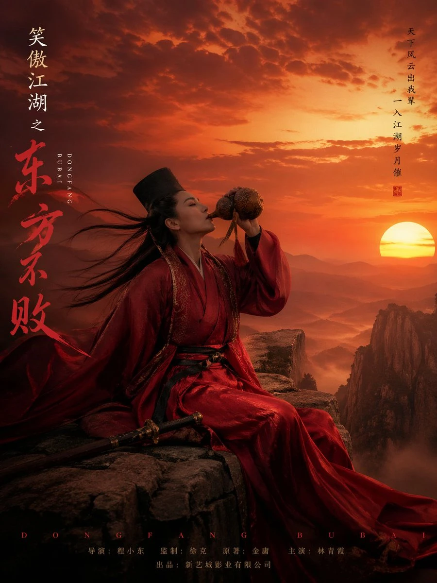Dongfang Bubai, dressed in a flowing red robe, sits on a cliff at sunset, sipping from a gourd amid dramatic clouds
