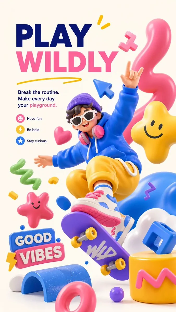Colorful dopamine-burst 3D poster with playful objects, glossy typography and high-energy social visual design