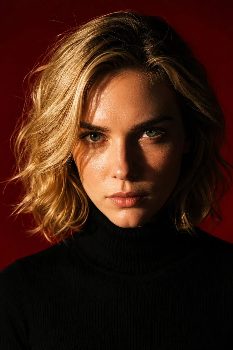 Dramatic Red Background Portrait with expressive portrait lighting, detailed styling and a polished editorial mood