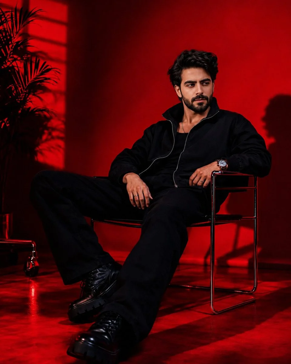 Minimal studio portrait of a seated subject in black clothing under intense red cinematic lighting