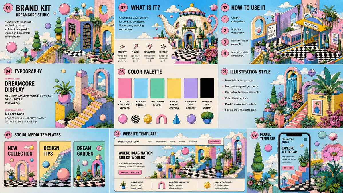 Pastel dreamcore isometric garden illustration with Memphis-style geometric architecture and floating spheres