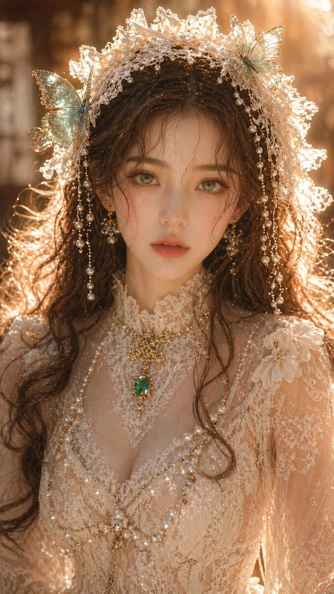 A close-up portrait of a woman with light green eyes and brown wavy hair, wearing a lace headpiece with butterflies.