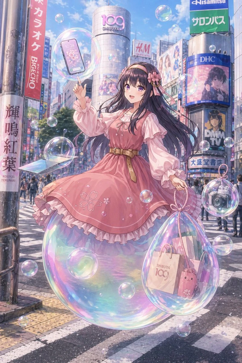 A fashionable young woman in a pastel pink dress gracefully stands atop a giant iridescent bubble in the bustling Shibuya scramble crossing, surrounded by vibrant advertisements