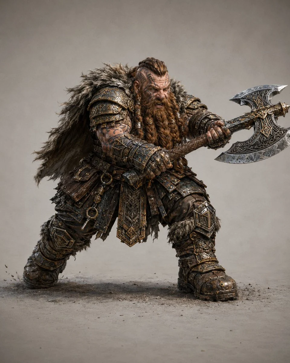 Dwarf Great Axe Adventurer with character-focused concept art, game-ready styling and detailed fantasy design
