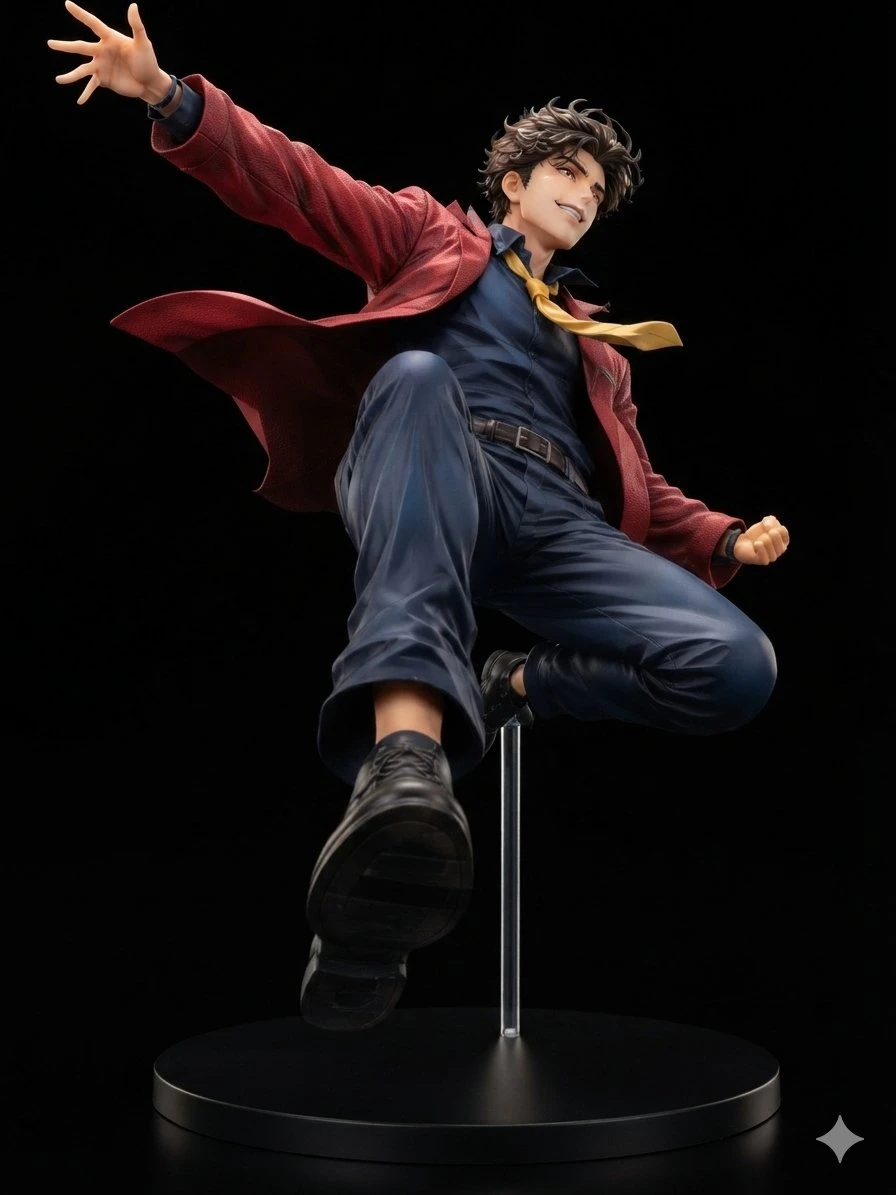 Dynamic anime hero collectible figure render posed mid-leap on a transparent support rod in a premium studio setup.