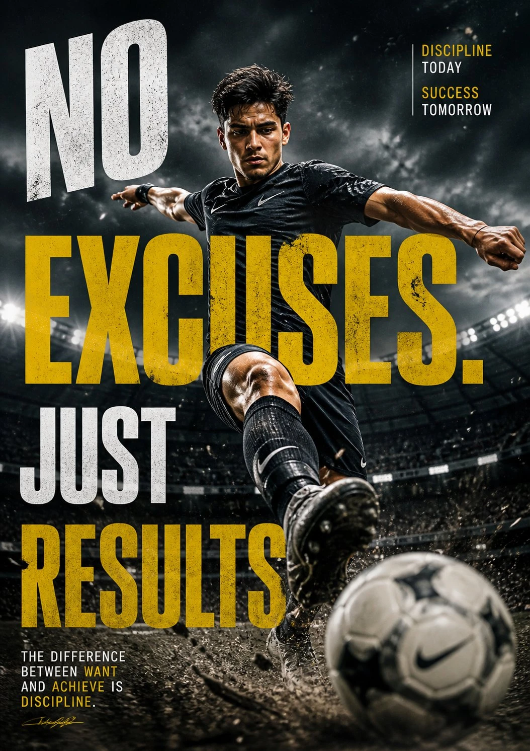 A professional football player strikes the ball mid-air in a dramatic low-angle shot, enhanced by cinematic lighting and bold typography