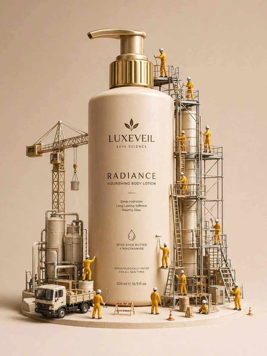 An oversized luxury skincare pump bottle is surrounded by tiny construction workers in yellow coveralls, creating a miniature diorama scene