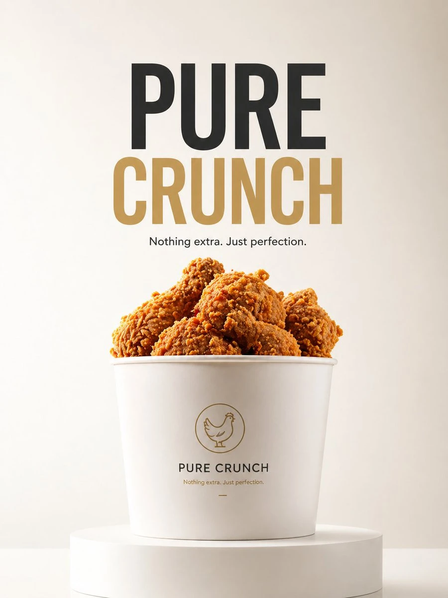 A white fried chicken bucket sits on a clean podium, with minimalist PURE CRUNCH typography on a soft cream background