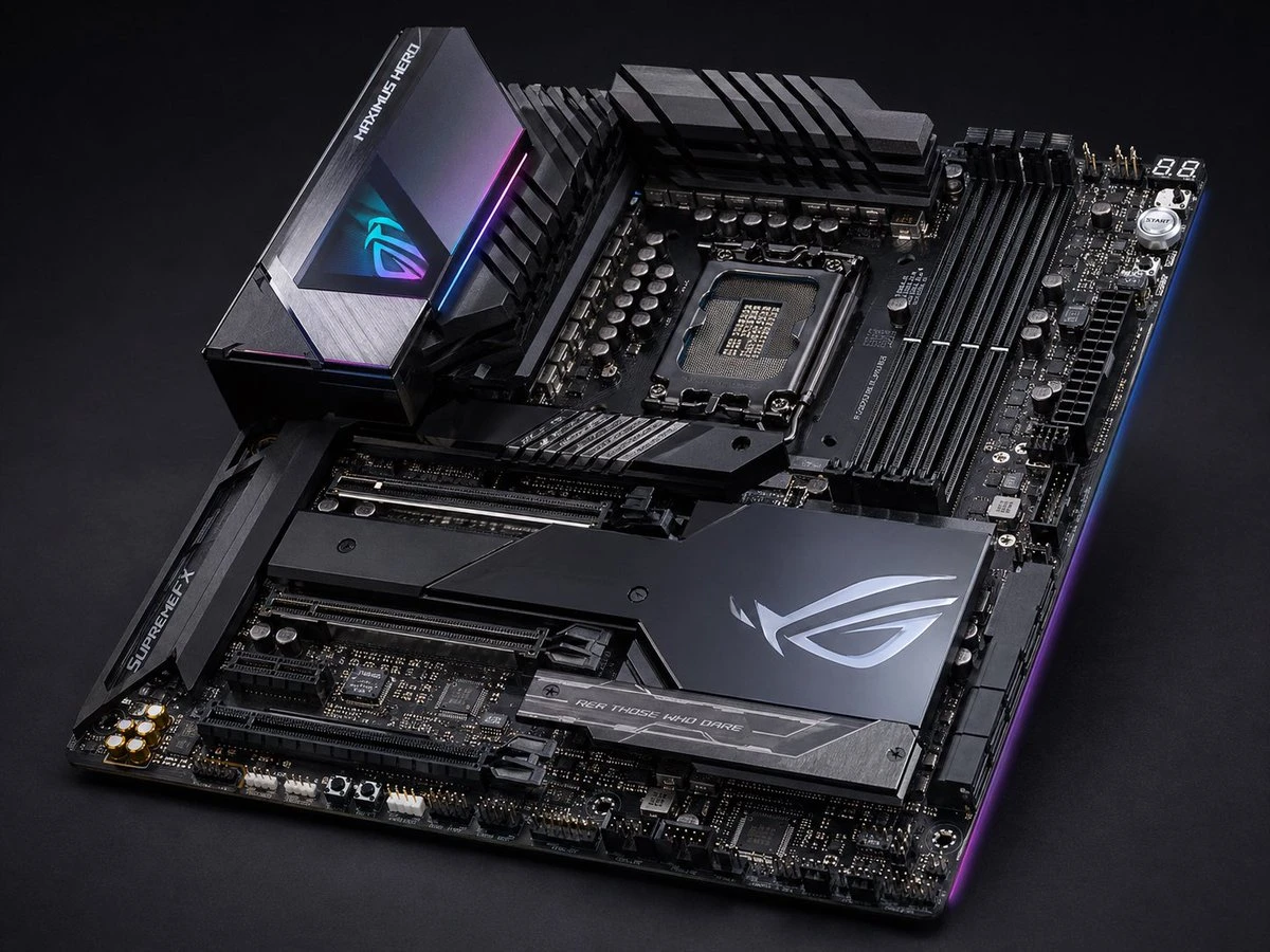 A high-end ATX gaming motherboard features a matte black and gunmetal design with RGB lighting, showcasing an Intel CPU socket and multiple PCIe slots