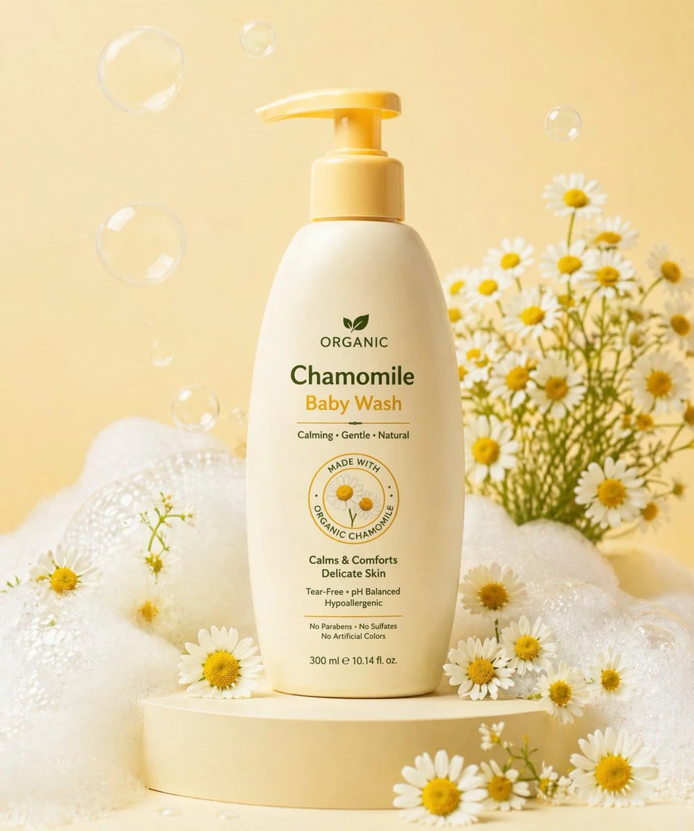 Cream-colored chamomile baby wash with a pastel yellow pump sits on a matte podium, surrounded by silky foam and fresh chamomile flowers