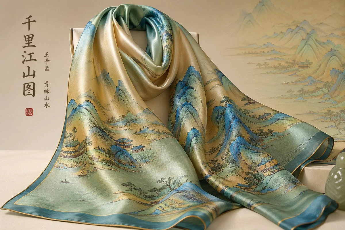 A silk scarf with a landscape design in blue and green, featuring mountains and traditional buildings.