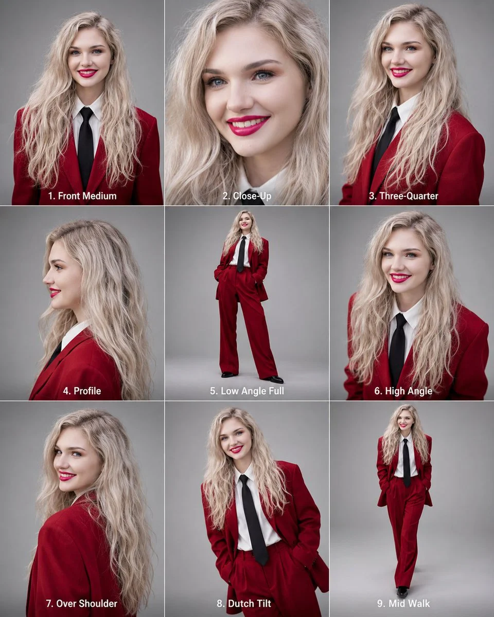 Nine-panel editorial reference sheet showing a woman from varied portrait angles