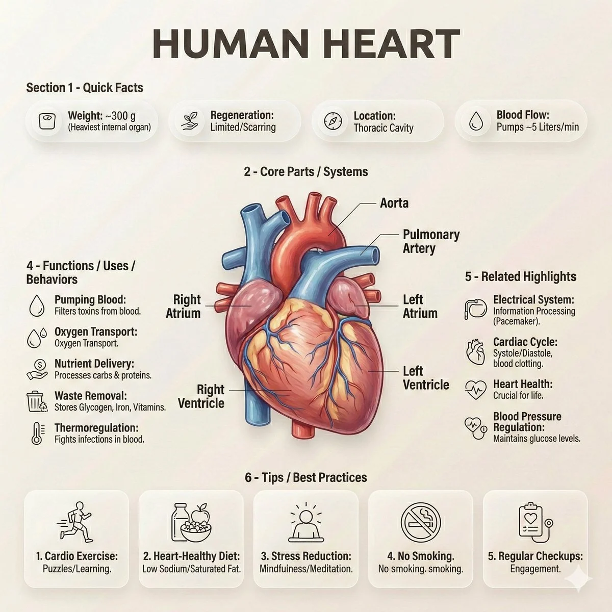 GPT Image 2 prompt example showing a clean human heart anatomy infographic poster with labels, quick facts, and health tips
