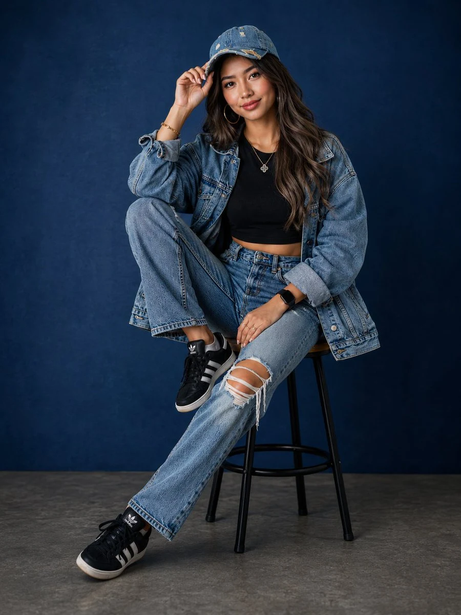 Editorial denim fashion portrait with confident pose, clean styling, and modern social campaign composition