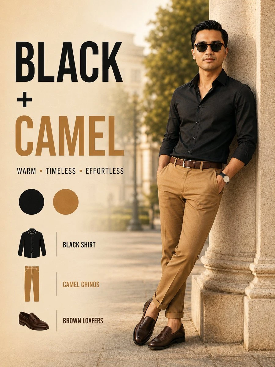 A stylish male model in a black shirt and camel chinos leans against a stone column, with bold typography and color swatches on the left