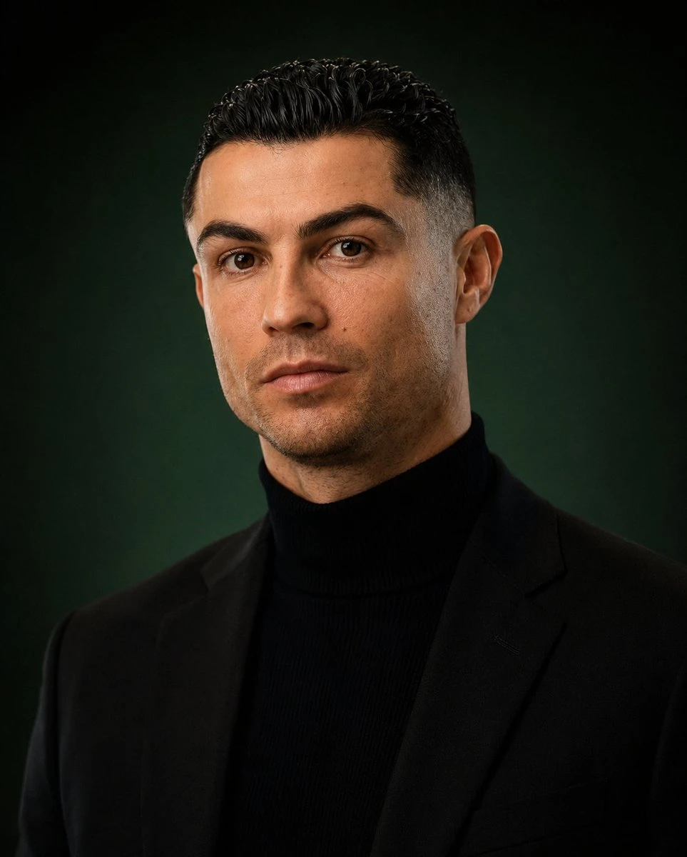 A close-up portrait of a man in a fitted black turtleneck and tailored blazer against a dark emerald-green background.