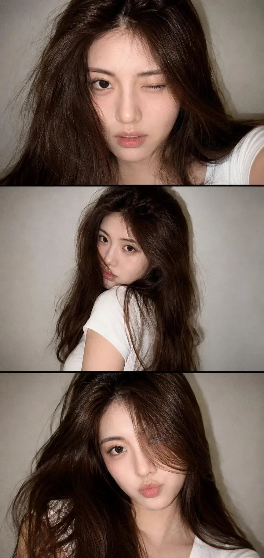 Three-panel Y2K portrait grid with a woman in soft flash-lit selfies, loose hair, and neutral studio styling