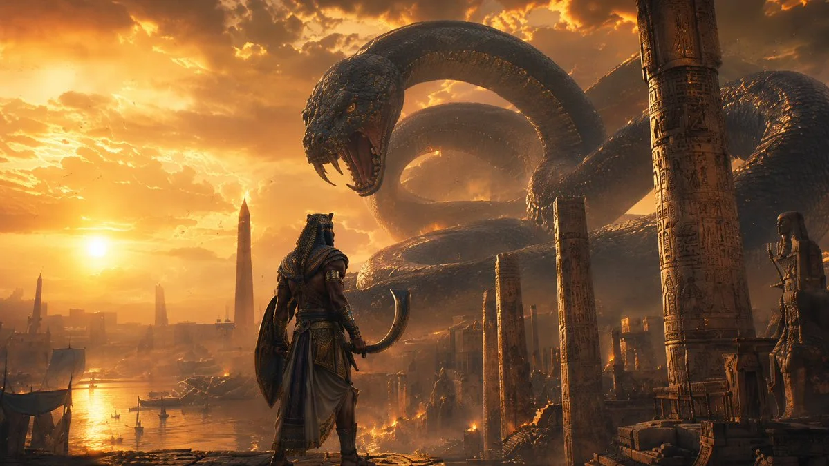 A heroic warrior in ornate armor stands on a ruined terrace, facing a colossal serpent against a sunset backdrop in an ancient Egyptian city.