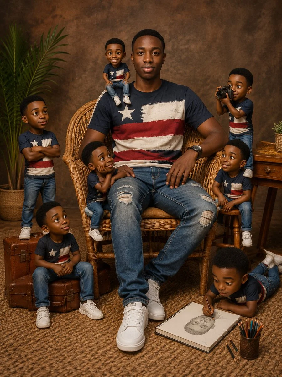 Playful family portrait featuring eight miniature versions of the same person
