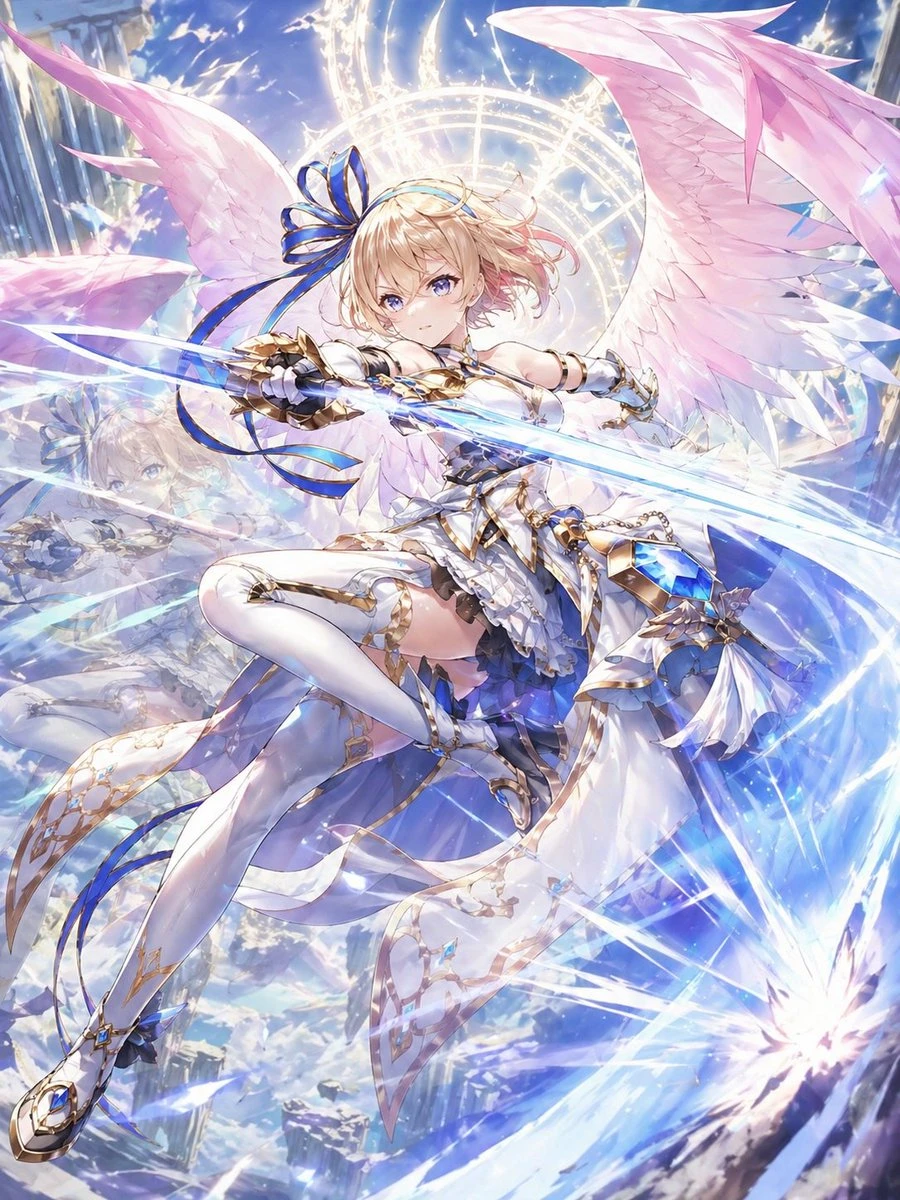 Eleanor from White Cat Project wields a sword, adorned in ornate armor with pink wings, set against a vibrant, magical background