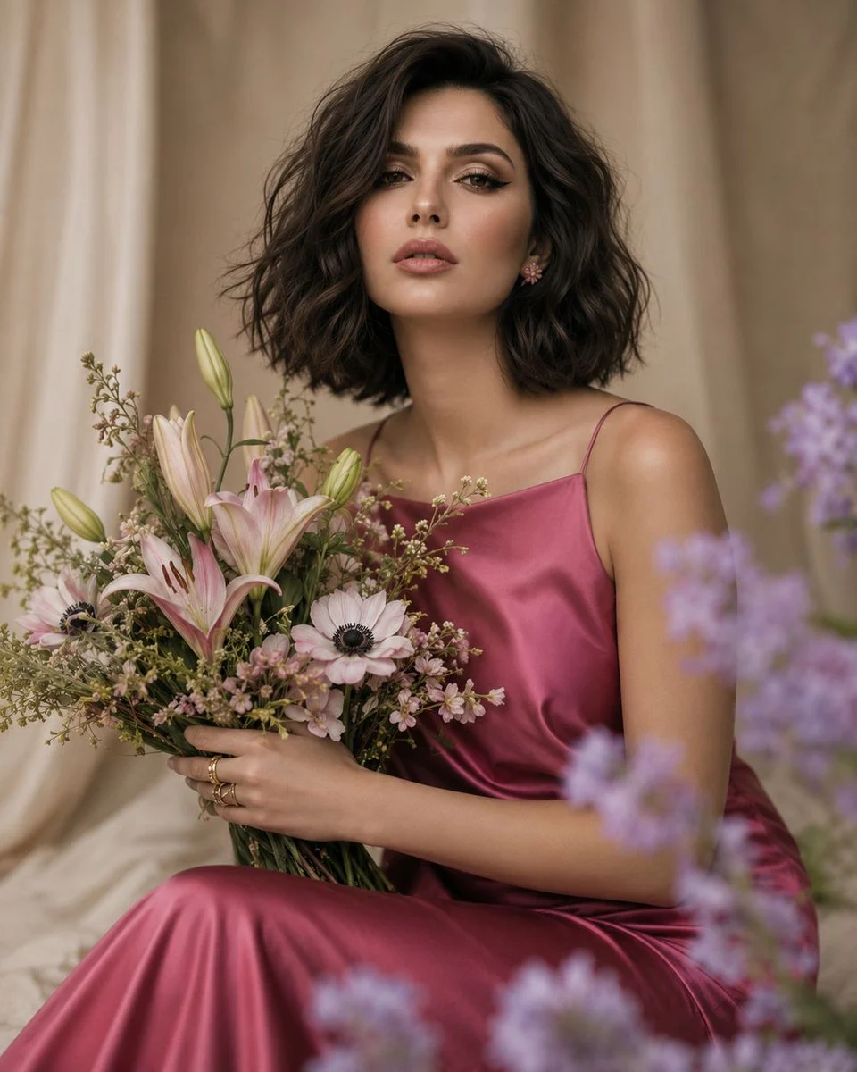 Elegant floral fashion editorial portrait with soft beauty lighting, flower styling, and refined magazine composition