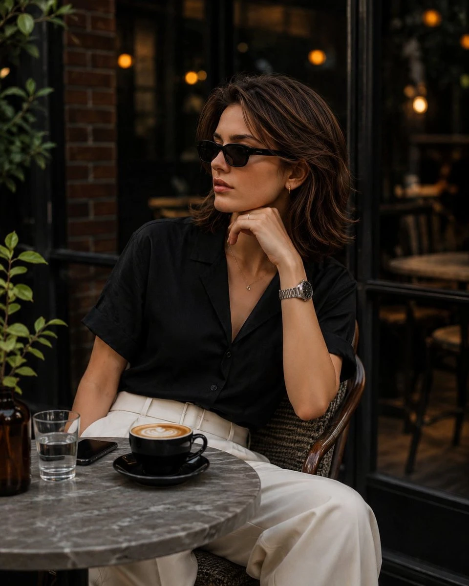 Elegant European cafe lifestyle portrait with relaxed outdoor seating, refined urban styling, and soft luxury atmosphere.