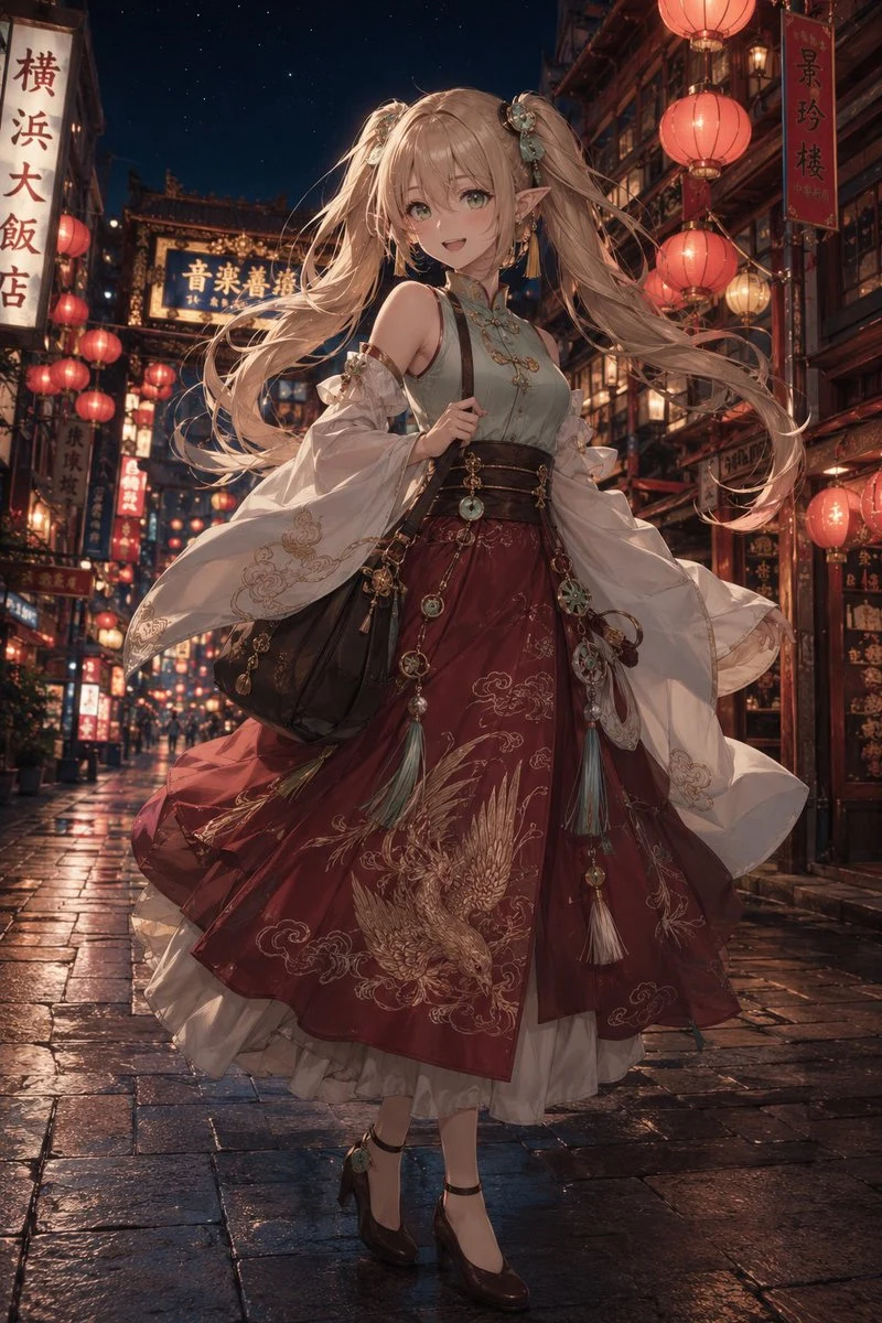 Fantasy elf merchant walking through a lantern-lit street, with detailed costume, warm market light, and storybook atmosphere.