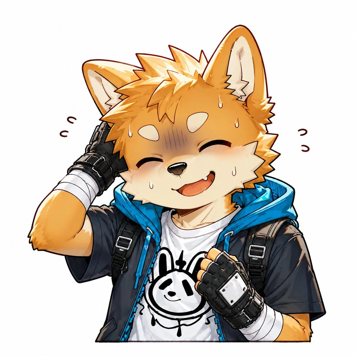 Cheerful anthropomorphic fox boy with orange fur and spiky hair, laughing with a sheepish pose and visible sweat drops on a white background.