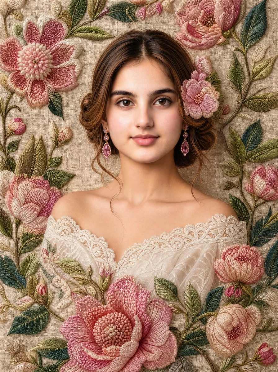 Fine-art portrait with embroidered floral textures, elegant facial detail, and a crafted textile-inspired composition.