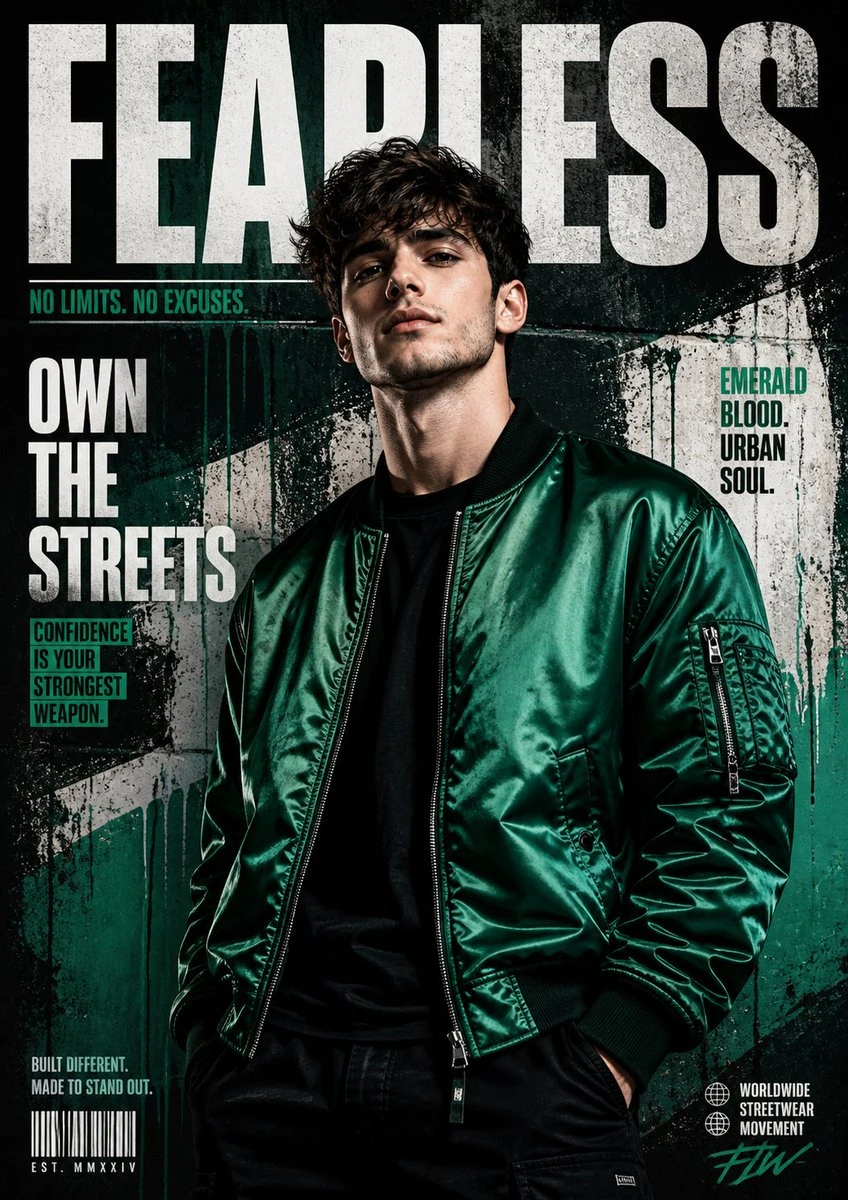 A confident man in a glossy emerald bomber jacket poses against a distressed concrete wall, featuring bold typography and dramatic lighting
