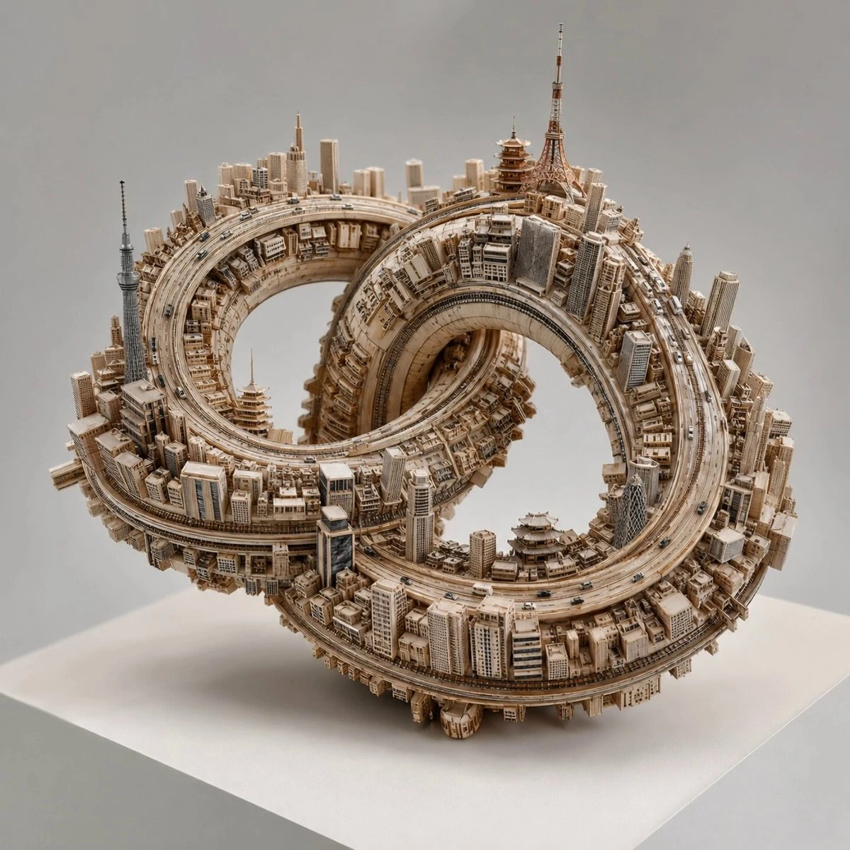 A detailed sculpture of a cityscape with intertwined roads and buildings.