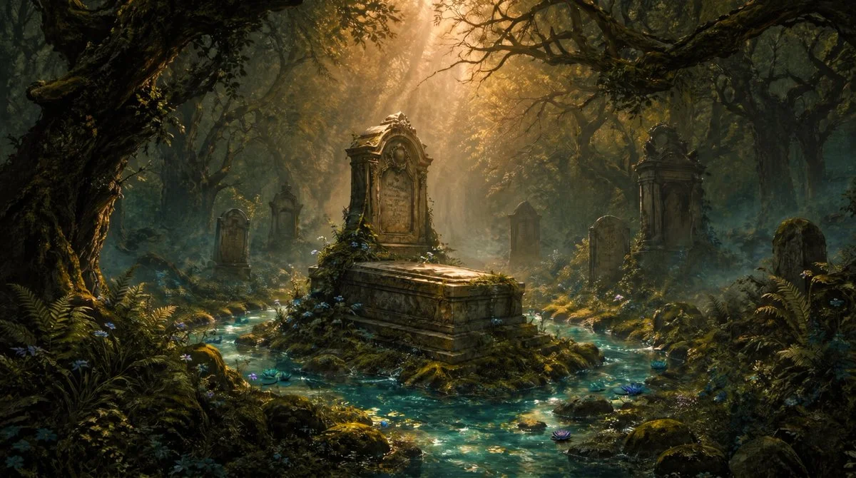 A cinematic fantasy cemetery scene featuring an ancient tomb encircled by a glowing spring in a misty, overgrown forest