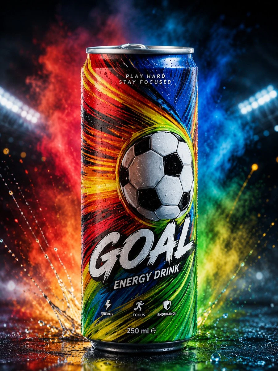 A sleek aluminum energy drink can with vibrant rainbow patterns and a soccer ball graphic stands on a wet surface in a colorful stadium setting