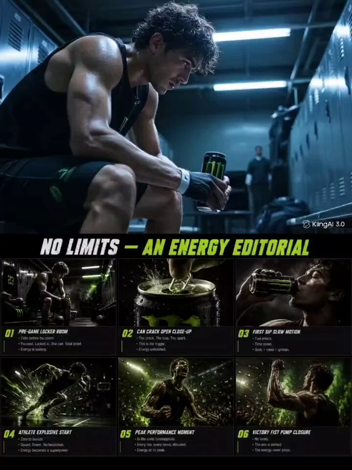 Energy drink storyboard grid showing a consistent product campaign across multiple shots