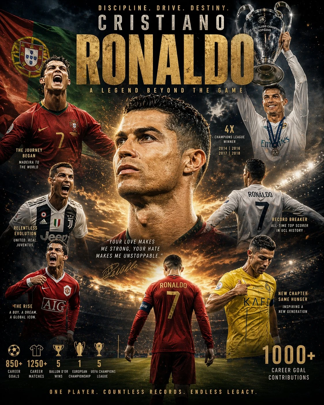 A poster featuring Cristiano Ronaldo with various achievements and career highlights.